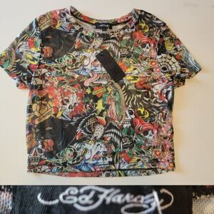 $65 NEW ED HARDY MESH TATTOO SHORT SLEEVE BLACK CAT CROPPED TOP SHIRT LARGE NWT
